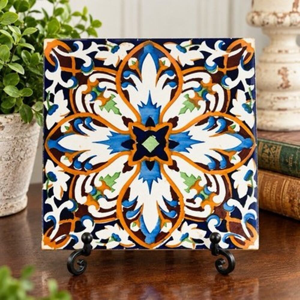Vintage Made in Spain Ceramic Tile Trivet 8” Blue Orange Floral Cork Back